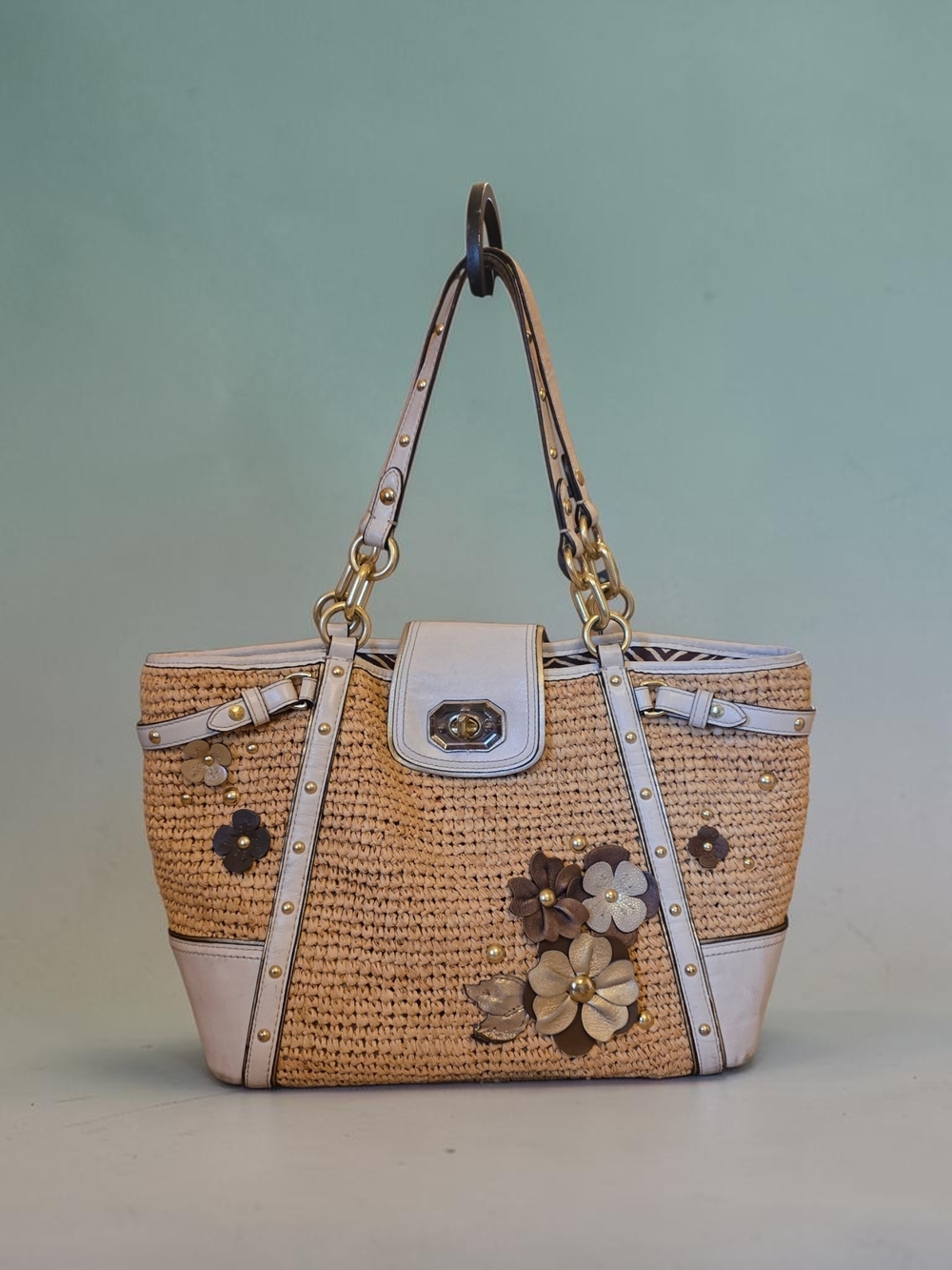 Coach Natalie Hampton Straw Floral Embellished Tote